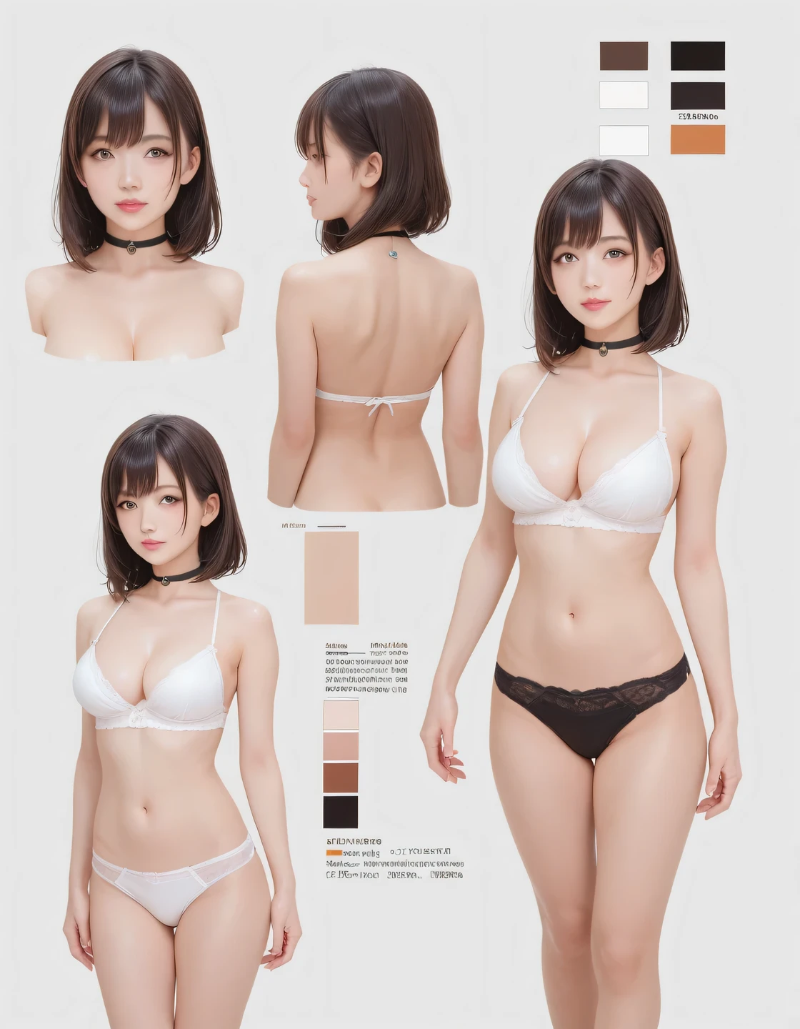 score_9, score_8, score_8 Up, Highest quality, photograph, Live Action, Standing girl, ((Character Sheet, Character design sheet, Three Views, front, Back and sides, Simple Background)), Big Breasts, Slim face, the body is slim, bangs, Brown Hair, Straight hair, Natural Makeup, Almond Eye, Black choker, Looking into the camera, Japanese idol faces, ((underwear)), Happy expression