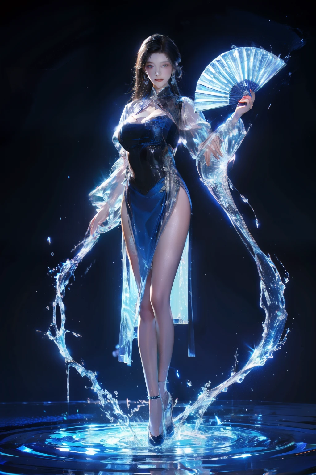 yushuishan, 1girl, breasts, hand fan, solo, jewelry, water, blue eyes, earrings, full body, long hair, see-through, dress, large breasts, holding, looking at viewer, holding fan, high heels, black hair, folding fan, long sleeves, see-through sleeves, cleavage, smile, black background, standing, chinese clothes, puffy sleeves, side slit, blue footwear, bangs, blue dress, hydrokinesis,
Best quality,masterpiece,ultra high res,