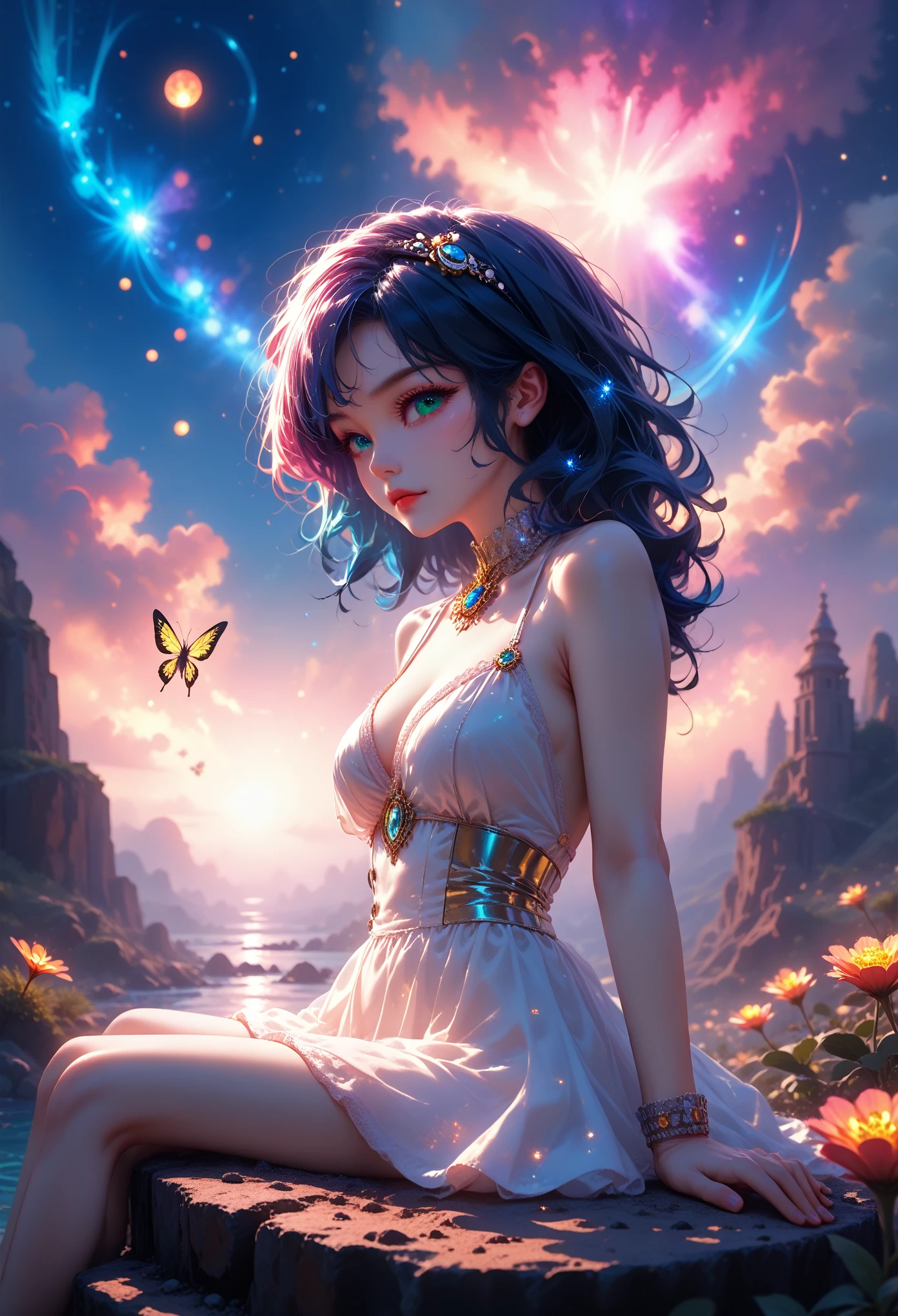 A large-scale picture, The girl is very beautiful and sexy, sits on a rock, looks at the starry sky, Something Mystical and Enigmatic is happening in the Sky, Sky and NIGHT, stars, Milky Way, Night Little Lights and Moths Fly and Shine in the Dark,masterpiece, very beautiful view, Colorful Colors,score_9, score_8_up, score_7_up, dramatic lighting, highly detailed, high budget, bokeh, cinemascope, moody, epic, gorgeous, film grain, grainy, masterpiece, best quality, perfect anatomy, very aesthetic, official art, 8k, Shine, pfstyle,
