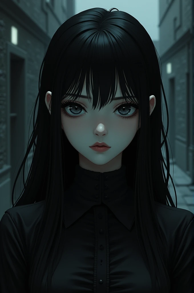 masterpiece, best quality, 1girl, Wednesday Addams standing in a dark alley at night, neon lights in the background, full moon, stars, magic wand, from front
