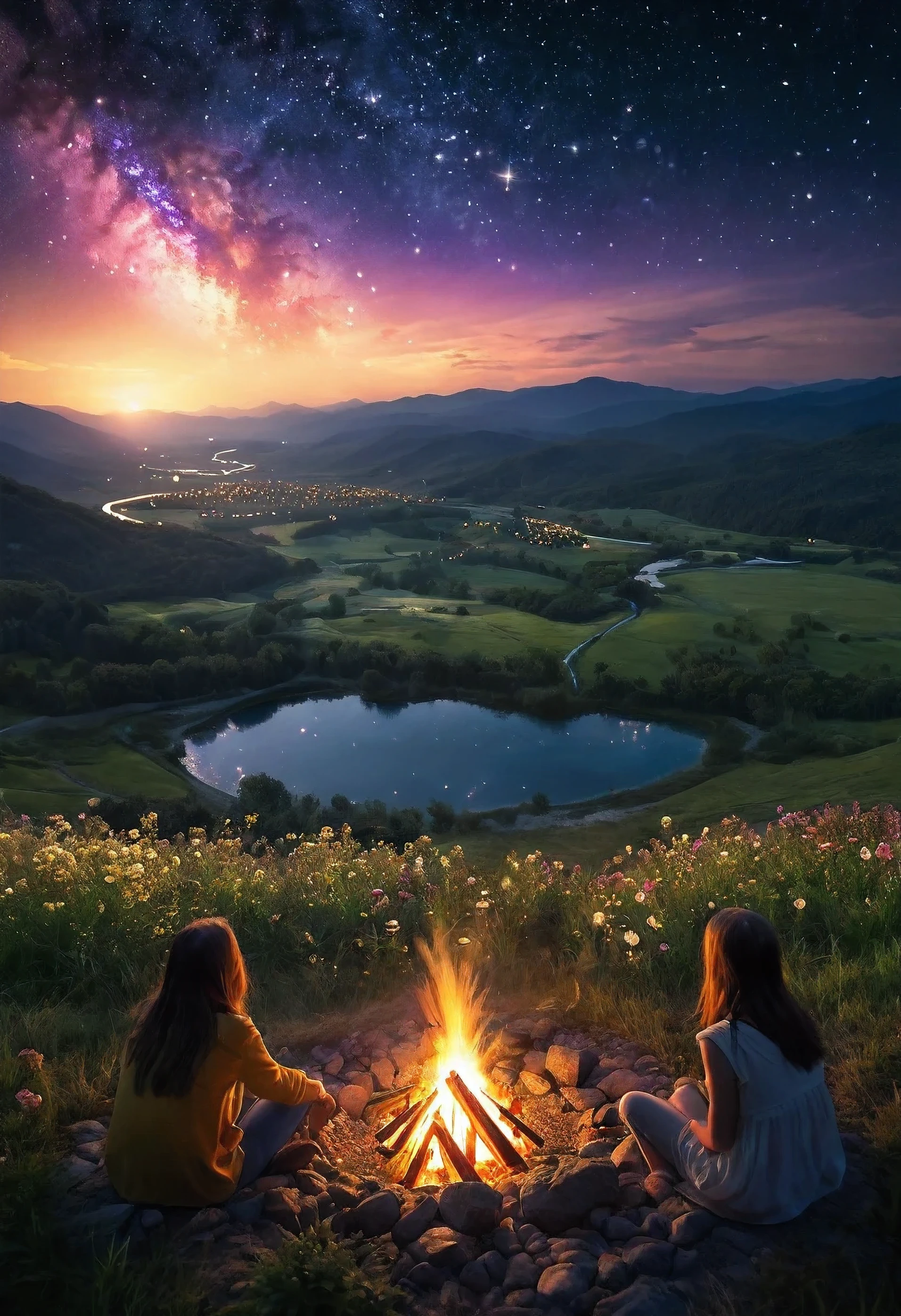 Two beautiful young women, one brunette, one blonde, no clothing, staring at each other, sitting next to a campfire in the grass, outdoors at night, camping tent, mountain meadow, 8 k sensual lighting, night outdoors, under the stars, 4k extremely photorealistic, 4 k extremely photorealistic, at a campfire at night, watching the stars at night, cgsociety uhd 4k highly detailed, trending on cgstation, night time with starry sky, attractive pose