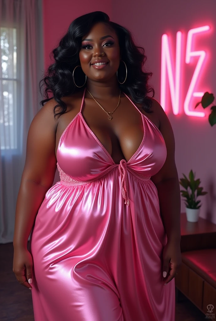 8k, best quality, masterpiece, highly detailed, semi realistic, African woman (huge breast, thick thights), blue eyes, curly hair, in sheer lace red tight dress, visible nipples, visible areola, mall background,
