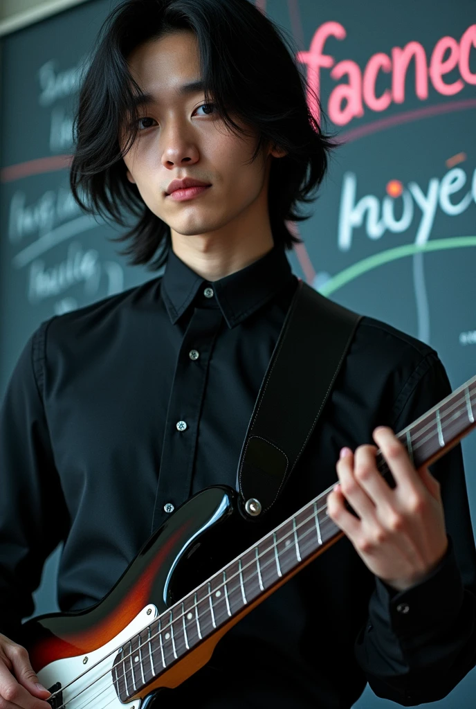 30 year old Asian boy who looks like DPR ian and has blue eyes, has a thick neck, has hair over his ears and in the background is written the word facneo and has colored lines crossed between them and is playing and has an elegant black dress shirt and is looking forward and is playing a bass in the background says the word facneo and is looking straight ahead And has blue eyes And the image looks very real please but let a story be seen please