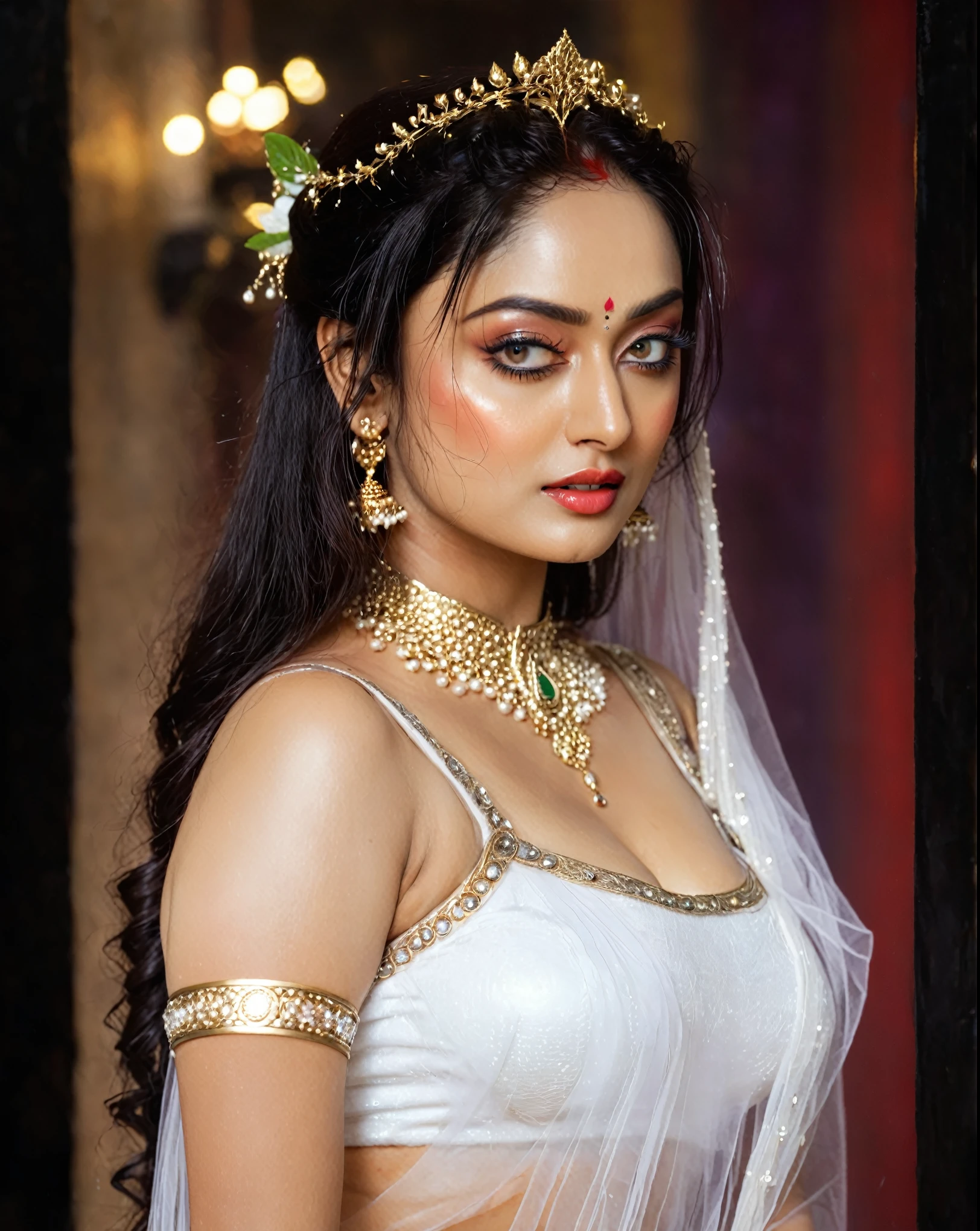 Looks like Sandeepa Dhar, ethereal beauty, ethereal fantasy, a mythological fairy, apsara in Hindu mythology, erotic, busty wet , curvy, photography, cinematic, jewellery, 4k, epic, detailed photograph, shot on kodak detailed, bokeh, cinematic, hbo, volumetric fog, volumetric light