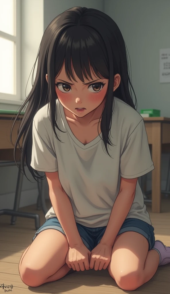 A junior high school girl shyly spreads out a diaper that has leaked urine.