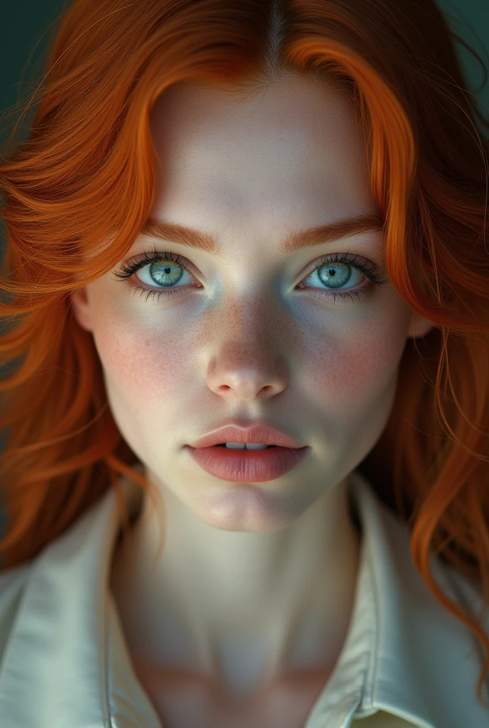 Create a girl of about 20 years old with long, straight red hair, fair skin with freckles and green eyes