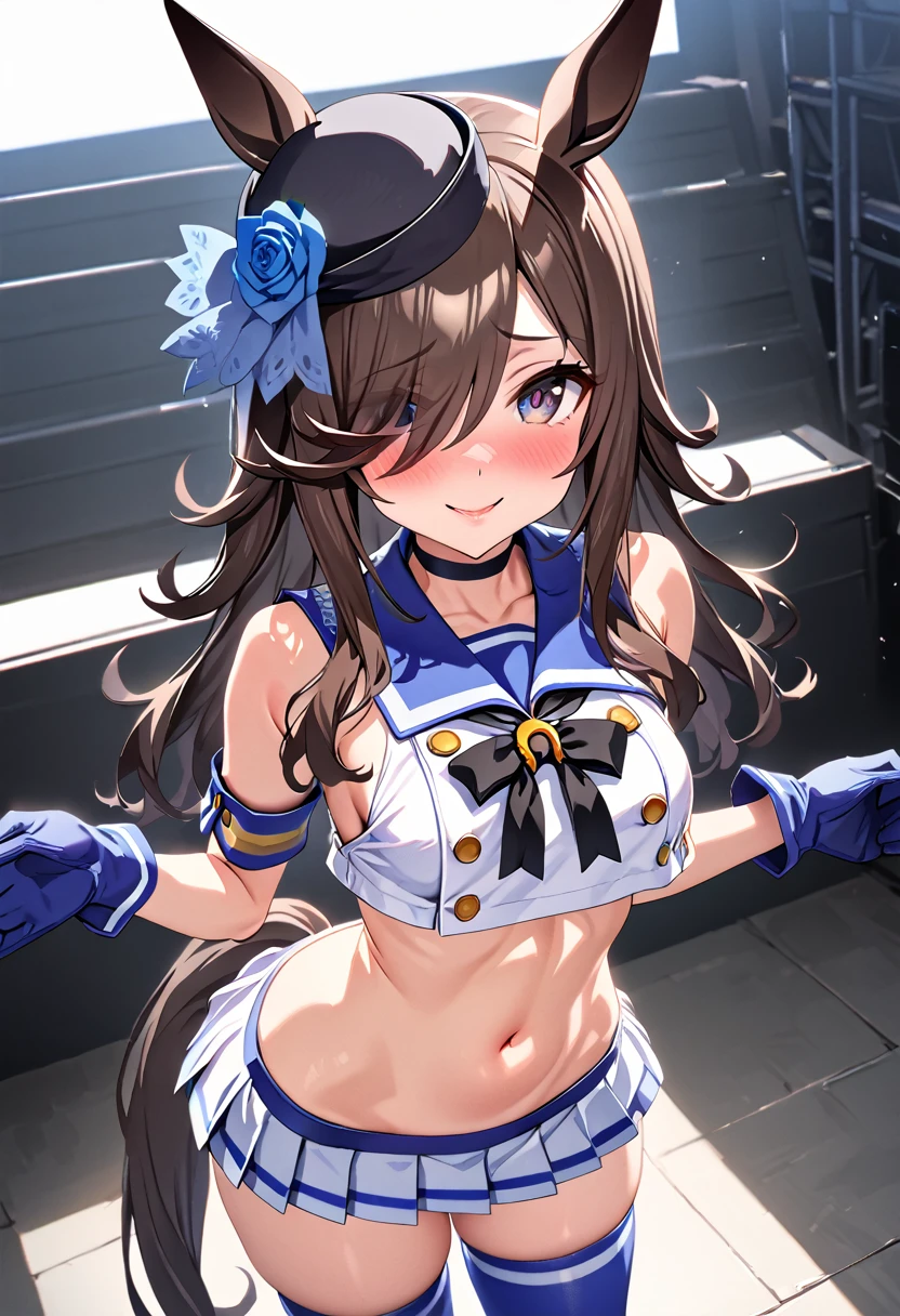 masterpiece,Highest quality,High resolution,Super detailed, solo, 1girl, live stage, ((cute)), RiceShower\(Umamusume\), horse ears, animal ears, hair over one eye, horse tail, long hair, blush, hat, blue flower, gloves, smallunderboob, ((((Perfect limbs))), smooth skin, real looking skin, Perfect and beautiful face, Perfect and cute face, (subjective perspective, showing the view from above), luslous skin, Beautiful waist constriction, smile, kantai collection, shimakaze costume outfit, (crop top, microskirt, thighhighs,elbow glovestongue, g-string), Baby girl body shape, shiny skin, Embarrassed, seductive model posing, perfect anatomy, noise removal