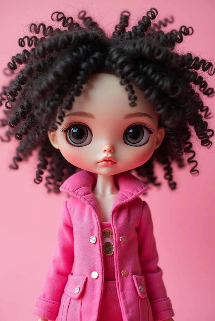 Create a Blythe Doll with a serene face, medium-light and slightly dark black skin, super short black curly hair and black eyes