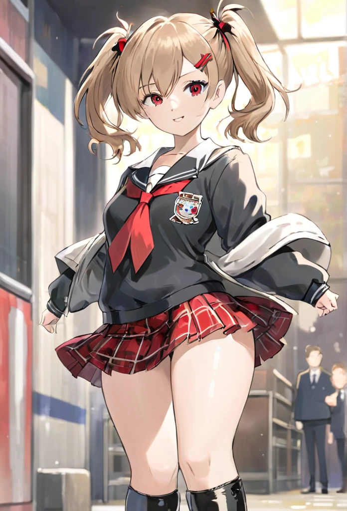 Create a full-body anime-style character with a dynamic, confident stance. She has long, wavy, light brown hair tied in two high pigtails with black and white bear hairpins. The character is wearing a black and white school uniform-inspired outfit with a red ribbon at the chest and a short red plaid skirt. Her outfit also features small patches and symbols on the jacket and tie. She wears knee-high black boots with red laces, and her pose is energetic, with her hands on her hips, laughing mischievously. The overall vibe should be edgy and slightly chaotic, with a detailed and sharp anime art style.