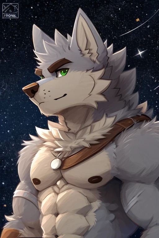 (great quality), lobo, alone, detailed face, detailed body, 5 fingers, Detailed hands, green eyes, detailed eyes, short hair, 2 arms, whole body, ((creative pose to draw it)), to the screen,((image for circular profile picture)), ((with personal watermark)), ((starry background)), por pache riggs