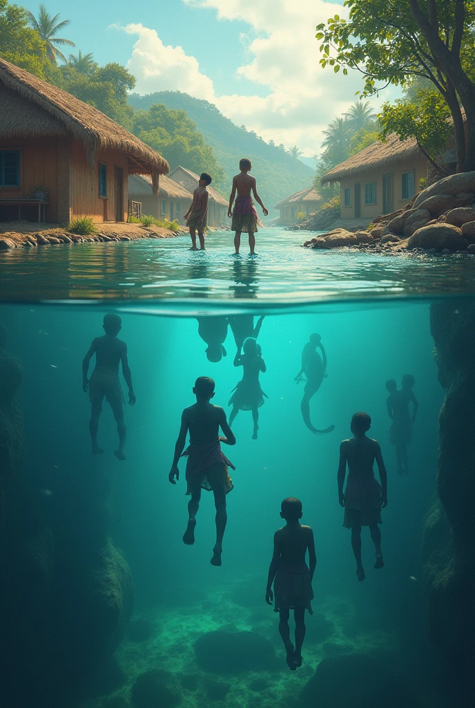a naked black man is being pulled underwater by a naked black woman, rope tied around his foot, a underwater horror scene, floating underwater in a lake, swimming deep underwater, humans hide in the underwater, nymph in the water, submerged on titan, underwater combat scene, sinking underwater, swimming underwater, thalassophobia, submerged underwater, floating drowned, in the deep, submerged temple ritual scene