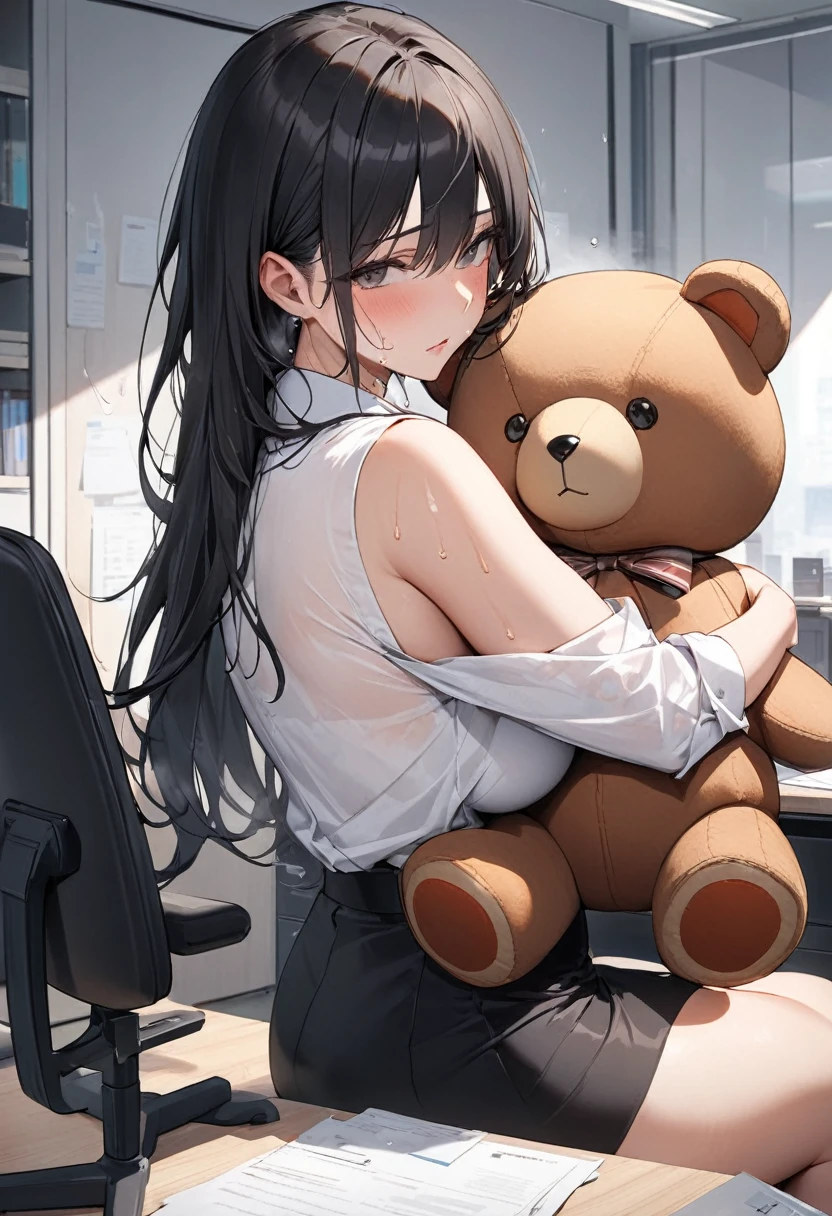 (masterpiece, Highest quality:1.2), One Girl, alone、Big Breasts、Long black hair、White button-up shirt、Black slit skirt、Black panties、Sleeveless、(hugging a teddy bear:1.5)、Inside the office、Sit in an office chair、look back、A flushed expression、sexy、Heavy breathing、Sweat makes clothes transparent