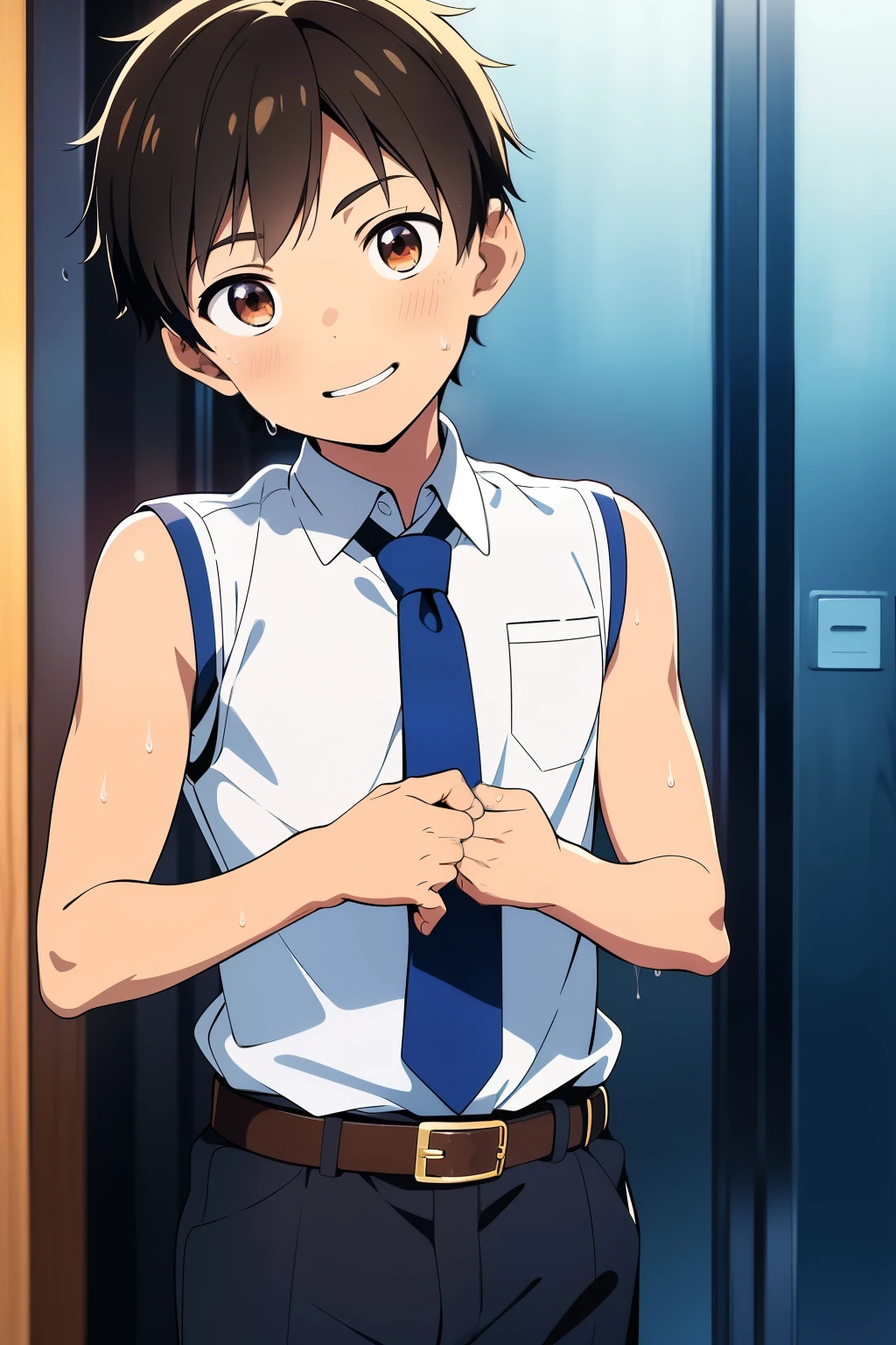 Highres, Masterpiece, Best quality at best,Best Quality,hight quality, hight detailed, Anime style, 1boy, A young student, Give me a picture of a young boy who is a student from an elite school, Sleeveless uniform, tie, belt, Sleeveless vest, cuddle, pretty face, Shota, young slightly muscular boy, 12-years-old, handsome, whole body, (Very young boy), (Very small and short body), blurry background, cute boy, Smile, Uhd, bokeh, sweat