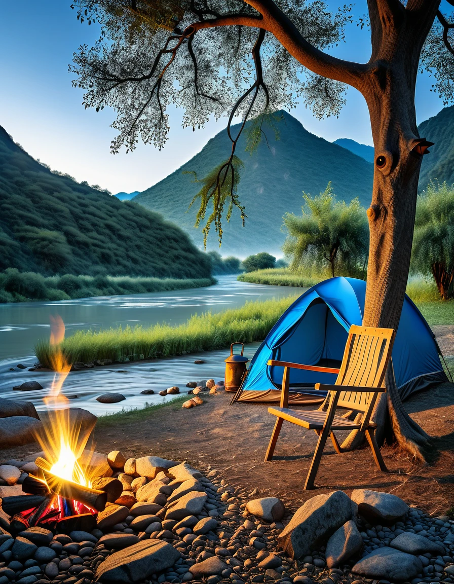 Shot by closed : a blue tent set up near the river with campfire and a chair with a lamp, back ground anthum tree, mountain, moring view. Photo details, extremely detailed.