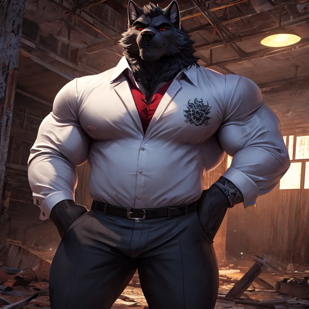 (best quality,highres,masterpiece:1.2),ultra-detailed,realistic,physically-based rendering,professional,sharp focus,vivid colors,bokeh,wolf and fox male hybrid orc,41-year-old gentleman with a charming and charismatic appearance,tantalizing and seductive,composed and determined,with incredibly developed muscles, towering and providing a great sense of security,FFFFFF and 86FFFF color codes for fur,(gay appeal),(clothed:1.1),clothing showing a hint of muscle contours,in a cozy bedroom.