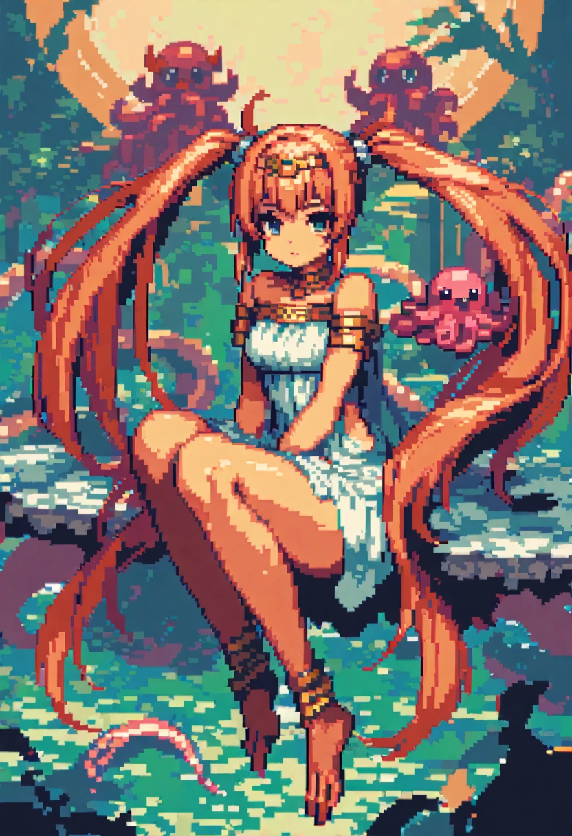 sitting,very tall woman,very big woman,gigantic woman,thick legs,very muscle,{{long legs}},devil,{{muscular}},{{gigantic breasts}} ,{{curvy}},twintails,blonde hair ,white dress,barefoot,brown skin,masterpiece , best quality , pixel art , 1 girl ,{full body},voluptuous,white background
