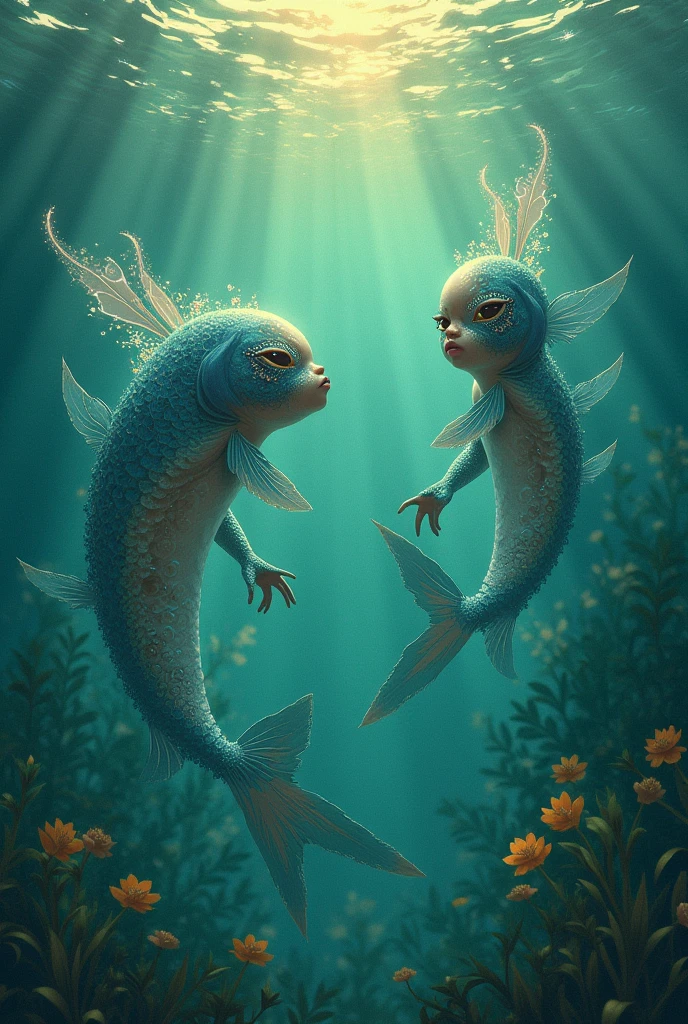 Cartoon illustration of a man in a cave, Sereias e peixes, a beautiful artwork illustration, inspirado em Lois van Baarle, Loish |, Ocean Sprites, stylized digital illustration, peixeiros, concept illustartion, 2d illustration, illustration Anime style, card game illustration, peixes perdidos, Loish Van Baarle, Jen Bartel