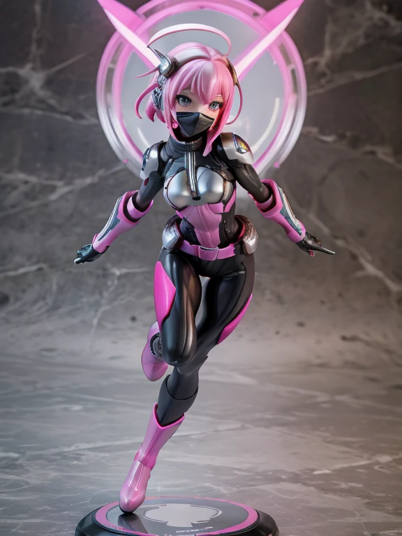 ((best quality)), ((masterpiece)), (detailed), 1 girl, full body, 20s, young adult, masked, black mask covering her entire head, smooth head, biker helmet, biker helmet with blue headphones on the sides, flashlight on her forehead, short pink hair coming out of her helmet, face, black collar, tall, slim, athletic, circles on her wrists, pink details, black fingerless gloves, pink wristbands, nanotech speedster suit that resembles light armor, blue chest with an emblem, blue chest, black suit with pink lines, pink speed emblem on her chest, pink emblem, blue pants, gray knee pads, metallic pink boots, white superhero belt, running through the city, pink light trail, laser, city background, anime