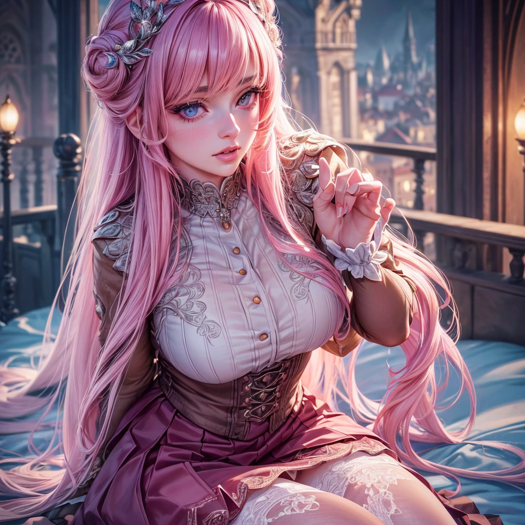 Retro old comics, Port wind, Pink hair, anime goddess, Royal sister, rococo style, cinematic lighting, viewfinder, first-person view, high detail, UHD, textured skin, super detail, high details, high quality, best quality, 8k, highres