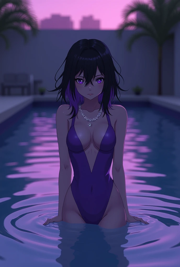 long hair, mole under mouth, purple hair, hair between eyes, cyan eyes, sharp teeth, ahoge, 1girl, blush, smile, cowboy shot, naked, nude, pussy, cunny, ite, small chest, bathing, wet