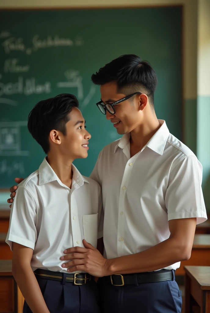 A boy pulling shirt up of other boy