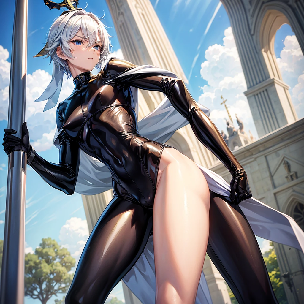 Fantasy, 1 _ Girl, (Loli)++, slender_child, cat_ears, Cape,Outdoor,Leotard, Shy, (bare_groin,bare_waist)++, hold_huge_sword_hilt, Solo, Thighs, covered_,apart_legs, smile, happy,