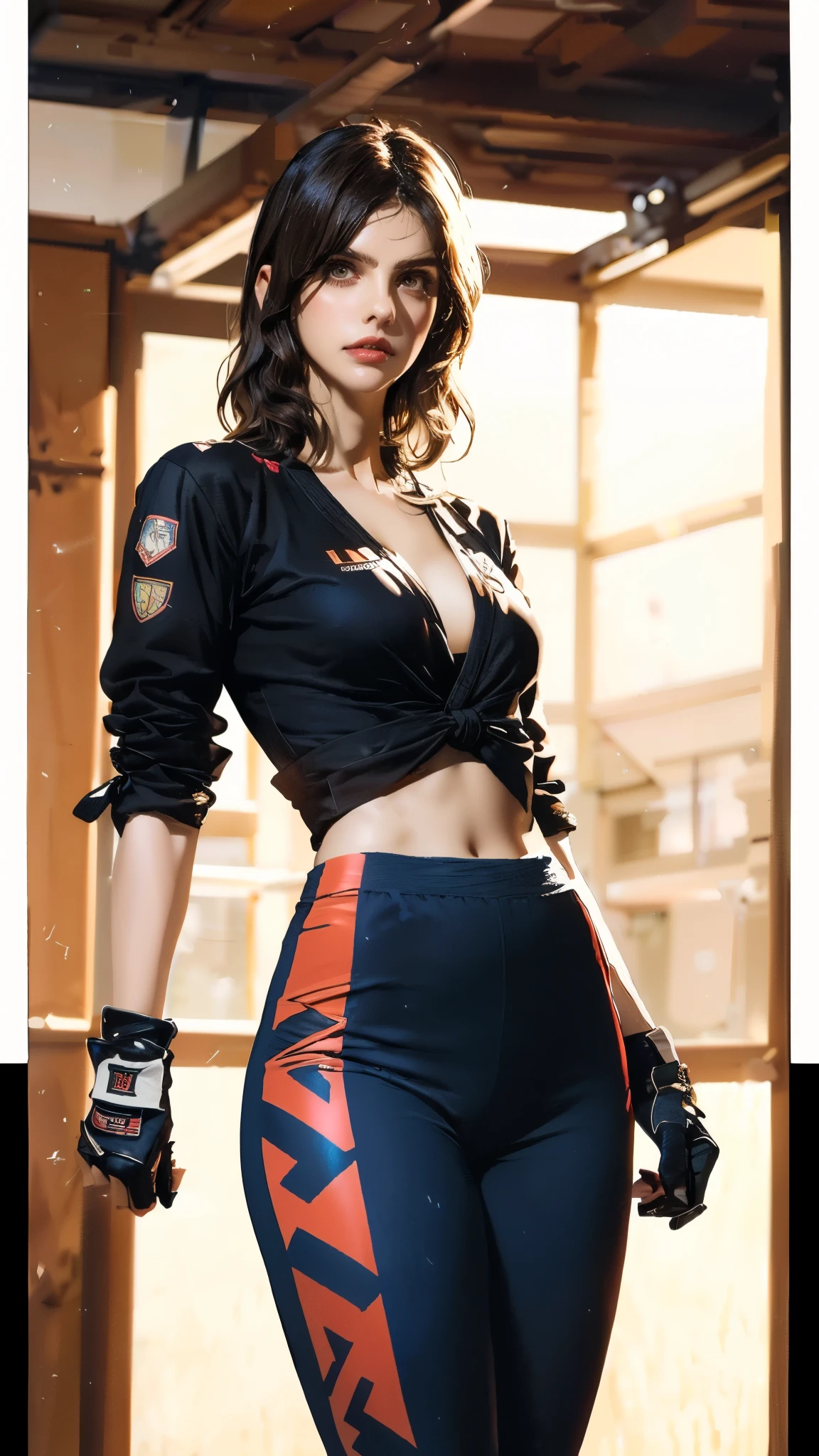 (masterpiece:1.2, best quality:1.2, extremely delicate:1.2), ((Alexandra Daddario:1.2)), a women with flowing black hair, a long side part bangs covers one eye, a resolute face, a trace of loneliness in her firm gaze, a two-piece outfit that combines fantasy and martial arts elements, consisting of a tight-fitting shirt and a jacket, the outfit features twisted flame patterns, with white as the main color and red and blue as secondary colors, wears gloves that also serve as wrist guards, dark pants, boots embellished with metal decorations, this character embodies a finely crafted fantasy martial arts-style female warrior in anime style, exquisite photography, Photo realism, photorealistic, perfect skin, dramatic, high definition, highres, ultra-detailed, ultra-fine painting, professional, perfect body proportions, golden ratio, anatomically correct, symmetrical face, extremely detailed eyes and face, high quality eyes, creativity, RAW photo, UHD, 32k, Natural light, cinematic lighting, (masterpiece-anatomy-perfect:1.2)