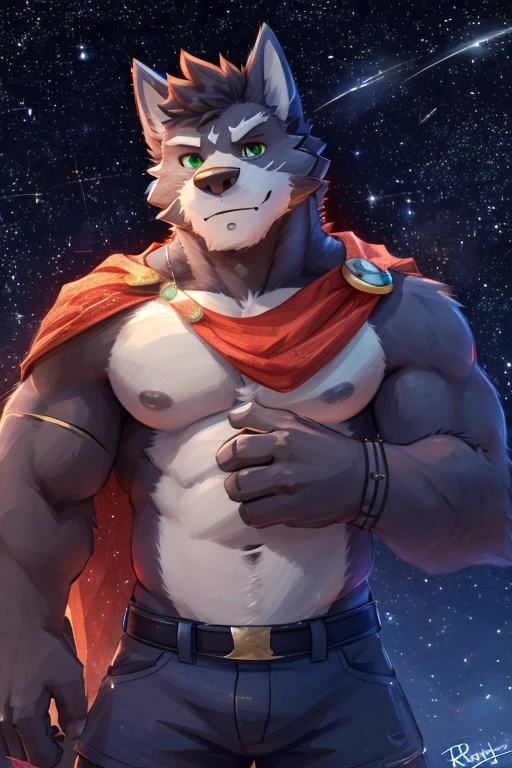 (great quality), lobo, alone, detailed face, detailed body, 5 fingers, Detailed hands, green eyes, detailed eyes, short hair, 2 arms, whole body, ((creative pose to draw it)), to the screen,((image for circular profile picture)), ((starry background)), por pache riggs