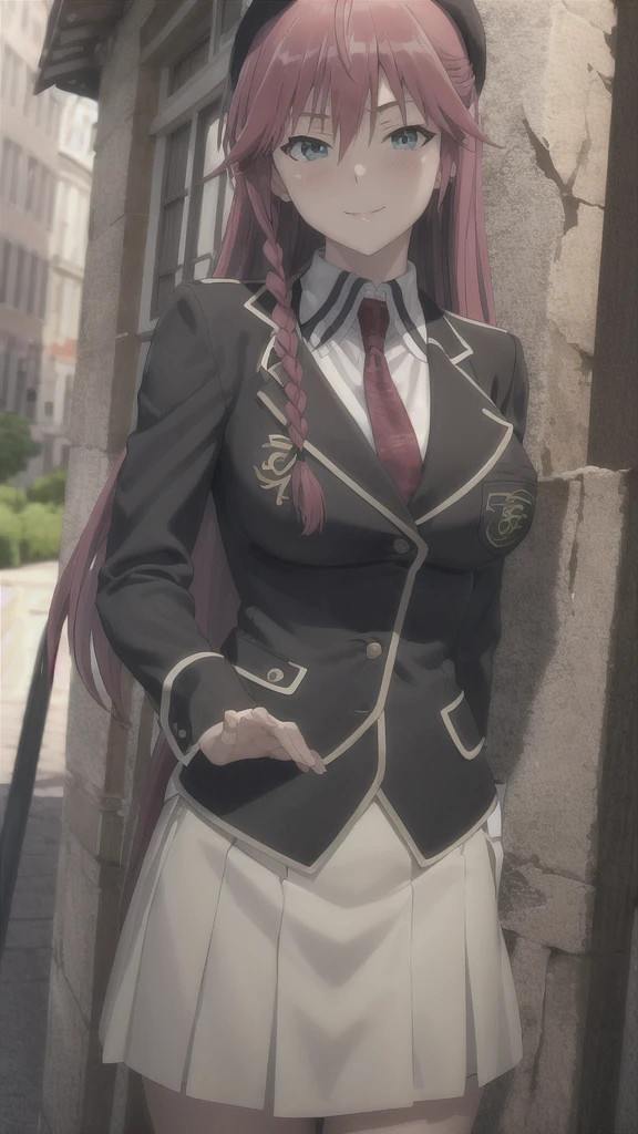 masterpiece, (best quality), 1woman,1girl ,lilith_asami,    long hair, red hair,   blue eyes , braid, side braid, school uniform, shirt, skirt, jacket, necktie,     large breasts,,sexy woman,  adult, smile, blush, vibrant colors ,,natural lighting  ,RTX,  beautiful, (detailed face:1.2), showcase, (perfect eyes:1.1) ,(photorealistic:1.1), 8k uhd,  looking at viewer,   outdoors,  simple backround