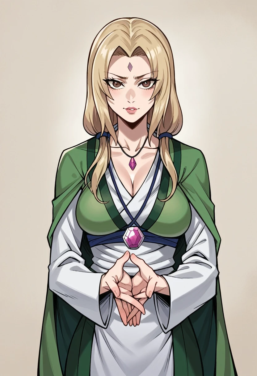 beautiful young woman with a perfect body, (long blonde hair tied in two long tails), (shining light brown eyes), (violet diamond on her forehead), (identical to (Lady Tsunade)), (perfect hands), (face perfect), quality images, (high definition photo), (long-sleeved green blouse with deep neckline), (long cape in light green tones), (special gem necklace), ultra quality realistic photo, (sexy pose ), (sexy), sexy for the camera, (full shot), rustic tavern background, high quality detailed photography in 8k.