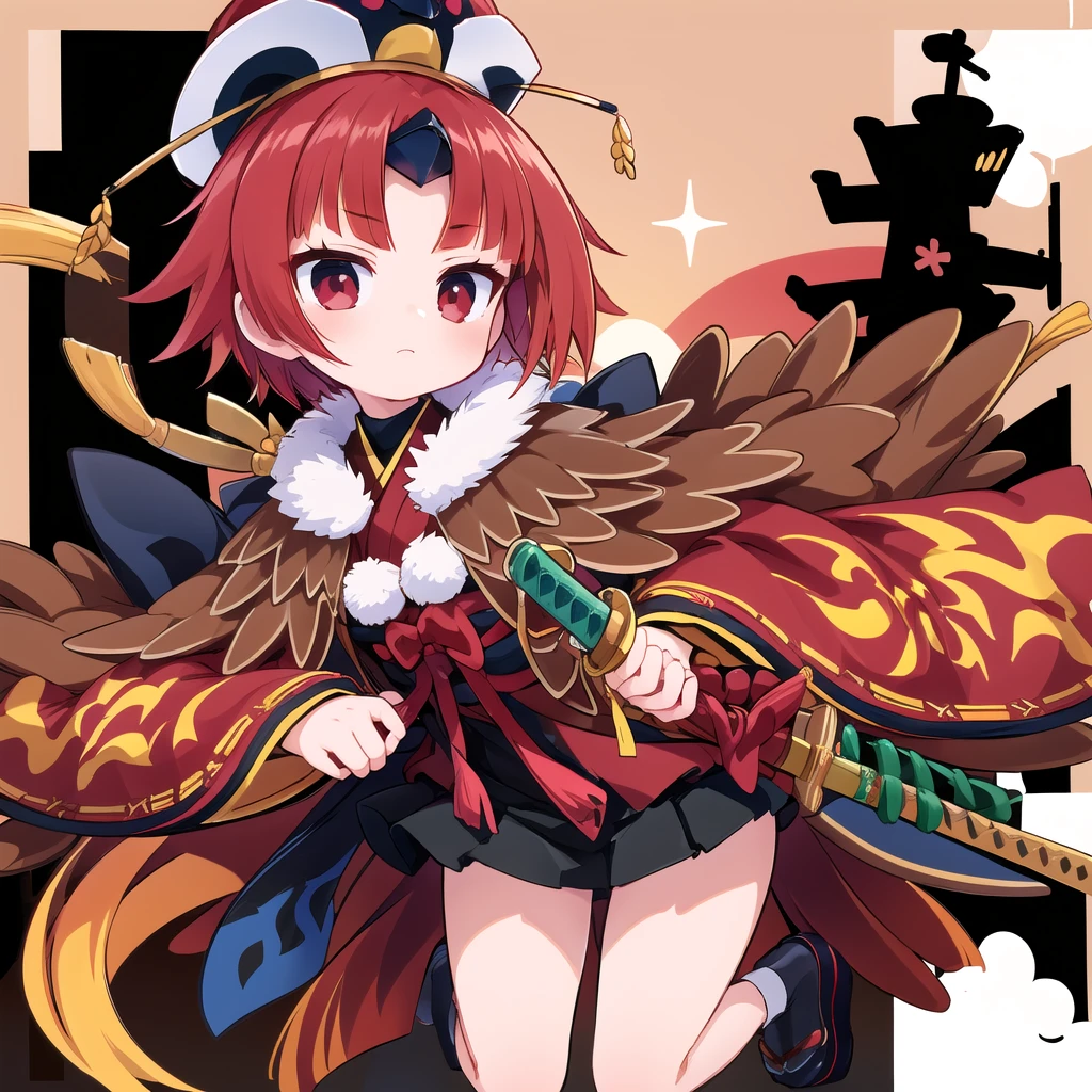 ((masterpiece,best quality:1.2)),((gripping sword)),foreshortening,perfect composition,1girl,be_nienma,wide sleeves, short hair, bangs, red japanese clothes:1.3, red hair, parted sleeves past wrists,Two small pom-poms,Black belt,Black mini skirt,ribbon,hat,The perfect sword