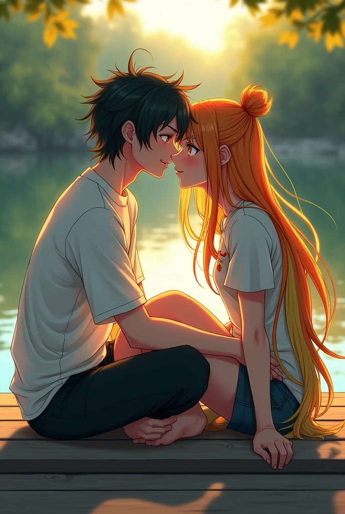 adult young japan man who has black-white long hair and orange eyes he is sitting on a dock with his boyfriend who is a adult young canadian man with green-yellow-orange long hair and has brown eyes they are chatting they are blushing they are kissing  and fighting 