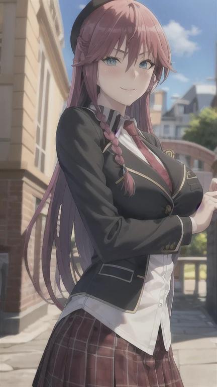 masterpiece, (best quality), 1woman,1girl ,lilith_asami,    long hair, red hair,   blue eyes , braid, side braid, school uniform, shirt, skirt, jacket, necktie,     large breasts,,sexy woman,  adult, smile, blush, vibrant colors ,,natural lighting  ,RTX,  beautiful, (detailed face:1.2), showcase, (perfect eyes:1.1) ,(photorealistic:1.1), 8k uhd,  looking at viewer,   outdoors,  simple backround