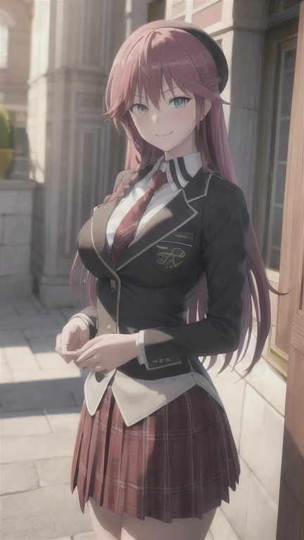 masterpiece, (best quality), 1woman,1girl ,lilith_asami,    long hair, red hair,   blue eyes , braid, side braid, school uniform, shirt, skirt, jacket, necktie,     large breasts,,sexy woman,  adult, smile, blush, vibrant colors ,,natural lighting  ,RTX,  beautiful, (detailed face:1.2), showcase, (perfect eyes:1.1) ,(photorealistic:1.1), 8k uhd,  looking at viewer,   outdoors,  simple backround