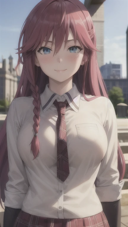 masterpiece, (best quality), 1woman,1girl ,lilith_asami,    long hair, red hair,   blue eyes , braid, side braid, school uniform, shirt, skirt, jacket, necktie,     large breasts,,sexy woman,  adult, smile, blush, vibrant colors ,,natural lighting  ,RTX,  beautiful, (detailed face:1.2), showcase, (perfect eyes:1.1) ,(photorealistic:1.1), 8k uhd,  looking at viewer,   outdoors,  simple backround