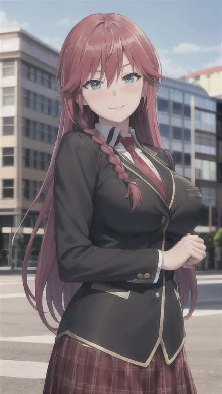 masterpiece, (best quality), 1woman,1girl ,lilith_asami,    long hair, red hair,   blue eyes , braid, side braid, school uniform, shirt, skirt, jacket, necktie,     large breasts,,sexy woman,  adult, smile, blush, vibrant colors ,,natural lighting  ,RTX,  beautiful, (detailed face:1.2), showcase, (perfect eyes:1.1) ,(photorealistic:1.1), 8k uhd,  looking at viewer,   outdoors,  simple backround