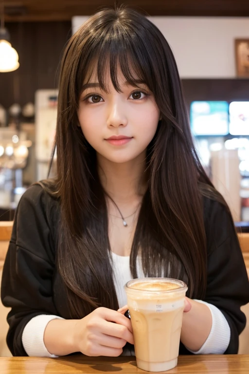 ((最high quality, 8k, masterpiece: 1.3)), perfect face,Inside a stylish cafe in New York、Draws a scene where a beautiful woman like a model is drinking a latte.,everything around you, I see other customers enjoying themselves.。At the back of the cafe、Staff are busy working at the counter.、You can feel the vibrancy and stylish luxury of a city cafe.., sharp focus, 1 girl, sexy 1.2, , (big: 1.5), fine eyes, Beautiful eyes with slit length, double eyelid, (cat face), (cute Face), cute Smile, (close your mouth), (cute), soft skin, show the whole body, surreal, Super detailed, high quality, (A beautiful college girl who is kind and considerate.), ((詳細な非常にcute女子大生)), ((The season is spring)),Gaze at your boyfriend