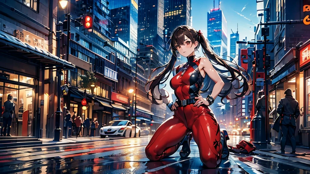 (masterpiece, best quality), intricate details, 8k, artstation, wallpaper, official art, splash art, sharp focus,, 1girl, long hair, twin tails, red eyes, brown hair, ,red super jumpsuit, battle damaged suit  , skyscrapers, night city, buildings, cars, street, kneeling