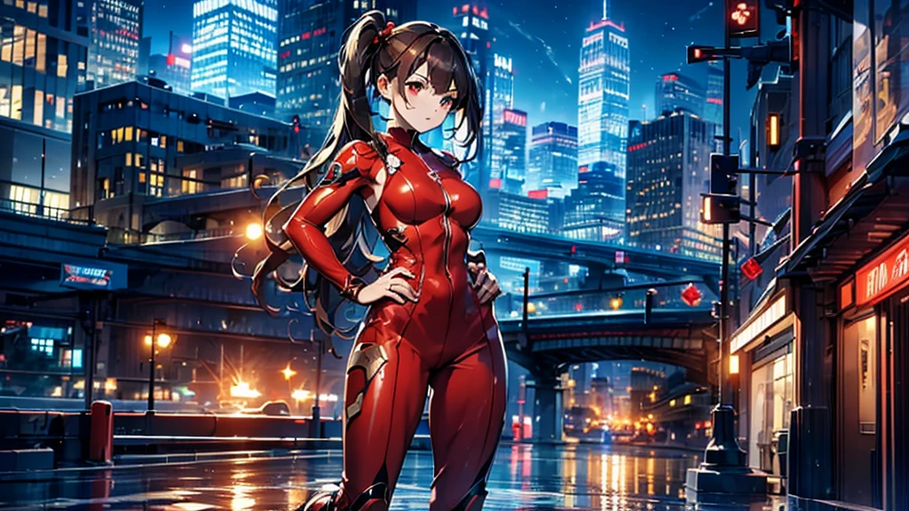 (masterpiece, best quality), intricate details, 8k, artstation, wallpaper, official art, splash art, sharp focus,, 1girl, long hair, twin tails, red eyes, brown hair, ,red super jumpsuit, battle damaged suit  , skyscrapers, night city, buildings, cars, street, kneeling