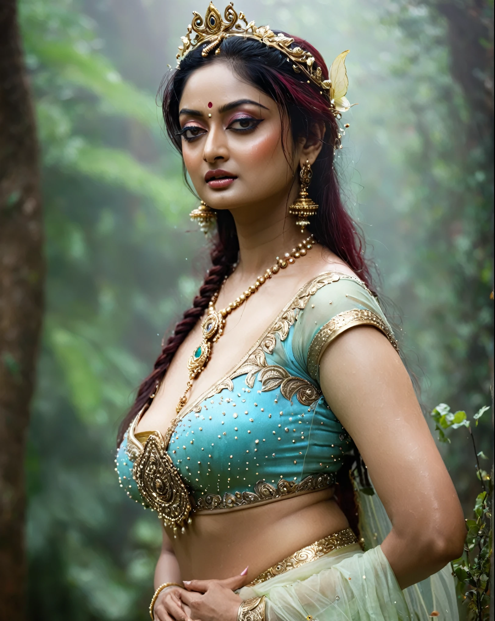 Looks like Sandeepa Dhar, ethereal beauty, ethereal fantasy, a mythological fairy, thick fleshy figure, apsara in Hindu mythology, erotic, busty wet , curvy, photography, cinematic, jewellery, 4k, epic, detailed photograph, shot on kodak detailed, bokeh, cinematic, hbo, volumetric fog, volumetric light