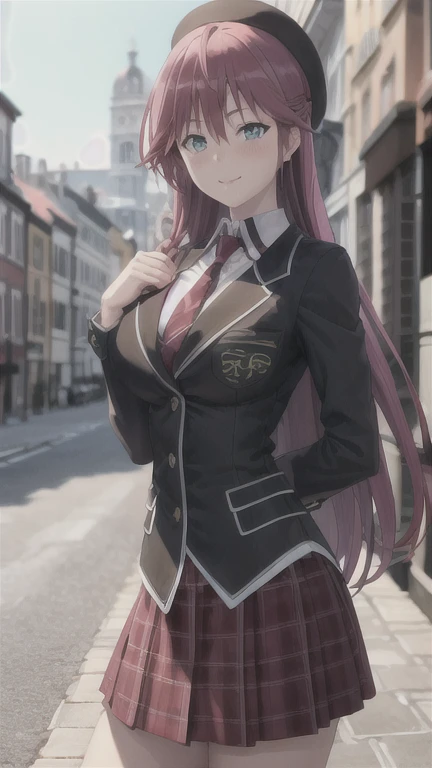 masterpiece, (best quality), 1woman,1girl ,lilith_asami,    long hair, red hair,   blue eyes , braid, side braid, school uniform, shirt, skirt, jacket, necktie,     large breasts,,sexy woman,  adult, smile, blush, vibrant colors ,,natural lighting  ,RTX,  beautiful, (detailed face:1.2), showcase, (perfect eyes:1.1) ,(photorealistic:1.1), 8k uhd,  looking at viewer,   outdoors,  simple backround