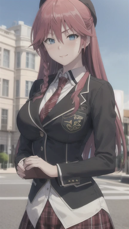 masterpiece, (best quality), 1woman,1girl ,lilith_asami,    long hair, red hair,   blue eyes , braid, side braid, school uniform, shirt, skirt, jacket, necktie,     large breasts,,sexy woman,  adult, smile, blush, vibrant colors ,,natural lighting  ,RTX,  beautiful, (detailed face:1.2), showcase, (perfect eyes:1.1) ,(photorealistic:1.1), 8k uhd,  looking at viewer,   outdoors,  simple backround