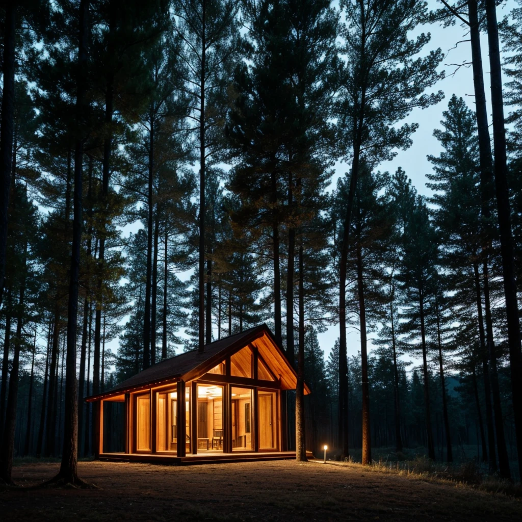 Generates a wooden cabin house in a forest where the environment is Cold and the house is illuminated with torches 