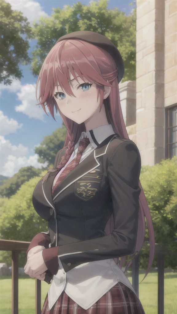 masterpiece, (best quality), 1woman,1girl ,lilith_asami,    long hair, red hair,   blue eyes , braid, side braid, school uniform, shirt, skirt, jacket, necktie,     large breasts,,sexy woman,  adult, smile, blush, vibrant colors ,,natural lighting  ,RTX,  beautiful, (detailed face:1.2), showcase, (perfect eyes:1.1) ,(photorealistic:1.1), 8k uhd,  looking at viewer,   outdoors,  simple backround