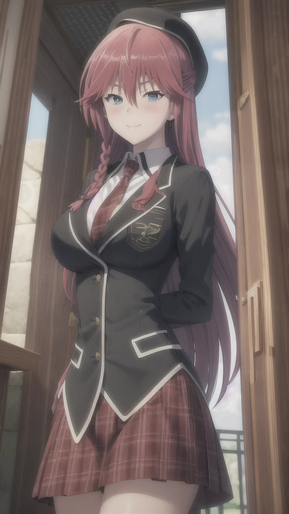 masterpiece, (best quality), 1woman,1girl ,lilith_asami,    long hair, red hair,   blue eyes , braid, side braid, school uniform, shirt, skirt, jacket, necktie,     large breasts,,sexy woman,  adult, smile, blush, vibrant colors ,,natural lighting  ,RTX,  beautiful, (detailed face:1.2), showcase, (perfect eyes:1.1) ,(photorealistic:1.1), 8k uhd,  looking at viewer,   outdoors,  simple backround