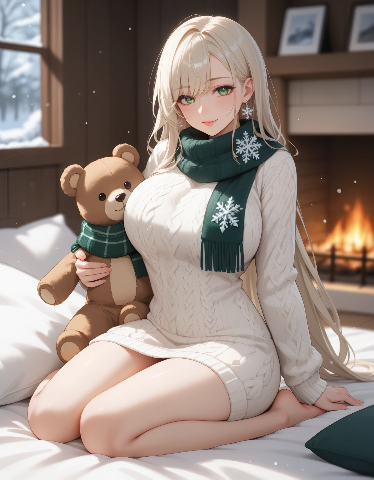 score_9, score_8_up, score_7_up, 1girl, solo, close-up portrait, gentle woman, long flowing hair, platinum blonde hair, hair with snowflakes, beautiful eyes, cozy cream-colored cable knit sweater and thick wool skirt, big breasts, (holding a big vintage teddy bear with a red and green knitted scarf), (sitting by a fireplace in a cozy cabin), warm firelight, soft snow falling outside, soft bokeh.