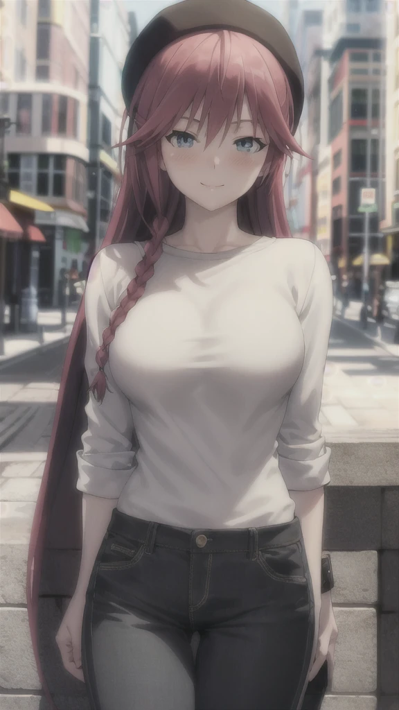 masterpiece, (best quality), 1woman,1girl ,lilith_asami,    long hair, red hair,   blue eyes , braid, side braid, white sweater, shirt, pants,      large breasts,,sexy woman,  adult, smile, blush, vibrant colors ,,natural lighting  ,RTX,  beautiful, (detailed face:1.2), showcase, (perfect eyes:1.1) ,(photorealistic:1.1), 8k uhd,  looking at viewer,   outdoors,  simple backround