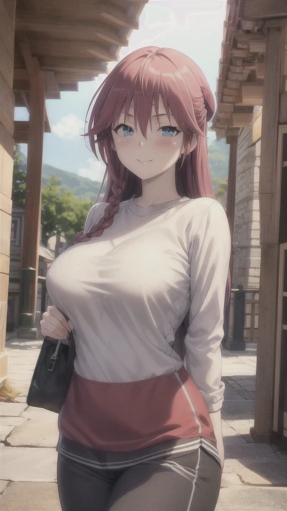 masterpiece, (best quality), 1woman,1girl ,lilith_asami,    long hair, red hair,   blue eyes , braid, side braid, white sweater, shirt, pants,      large breasts,,sexy woman,  adult, smile, blush, vibrant colors ,,natural lighting  ,RTX,  beautiful, (detailed face:1.2), showcase, (perfect eyes:1.1) ,(photorealistic:1.1), 8k uhd,  looking at viewer,   outdoors,  simple backround