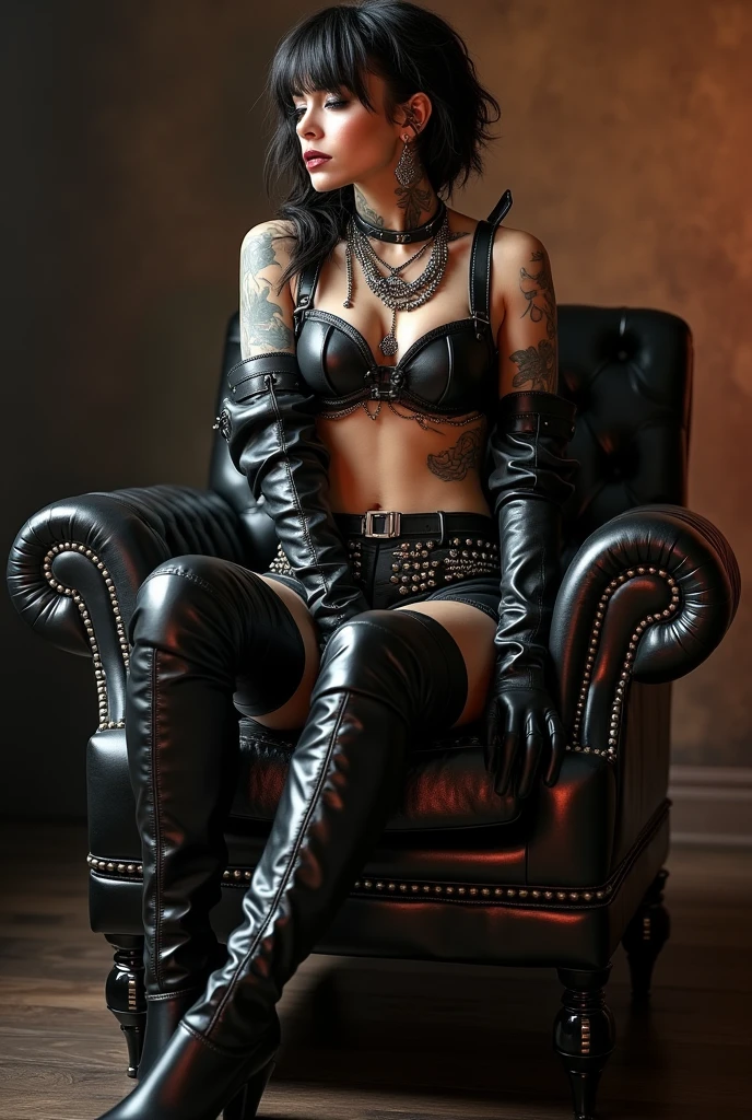 30 year old woman, with tattoos, black hair, naked, blue eyes, fit figure, dominant figure, mansion photographed naked, strap-on, with a riding crop in her hand, leather boots, 8k ultra model realistic