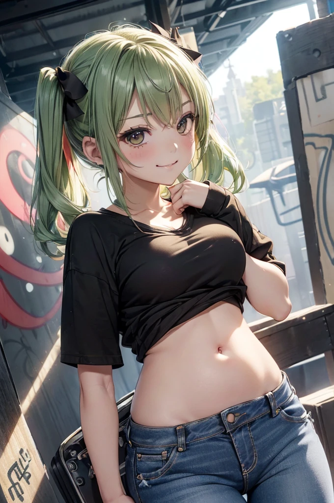 (Masterpiece), Best Quality, ultra-detailed, 1girl (zodiac_mallow, lovely small breasts, dark skin, green hair,  long hair,  twintails, headband, pink flower in hair, green eyes, half-closed  eyes), a  come-hither face,  , parted lips, nose blush, blush, facing viewer, looking at viewer, solo, black  jacket, leather jacket,undress,dark skin, bare  one 
shoulder,  white tank_top, covered nipples, cleavage, navel,  denim  short shorts, outdoors, street,  standing, come-on, love juice flows out of her pussy 